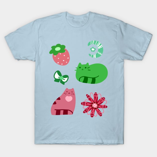 Green and Pink Strawberry Cats T-Shirt by saradaboru